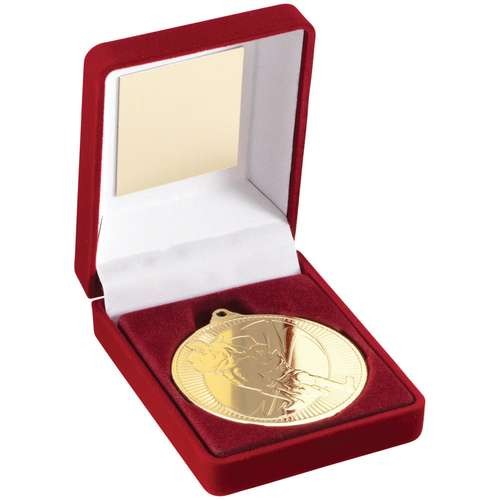 Red Velvet Box and 50mm Medal Rugby Trophy