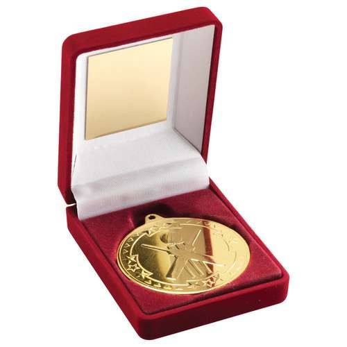 Red Velvet Box and 50mm Medal Cricket Trophy