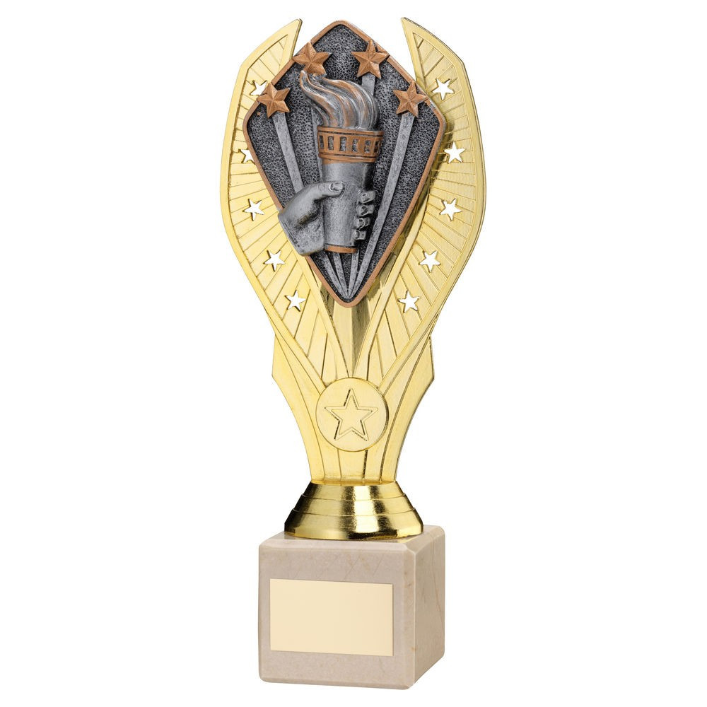 Gold Plastic Holder & Victory Torch Disc on Cream Marble Trophy