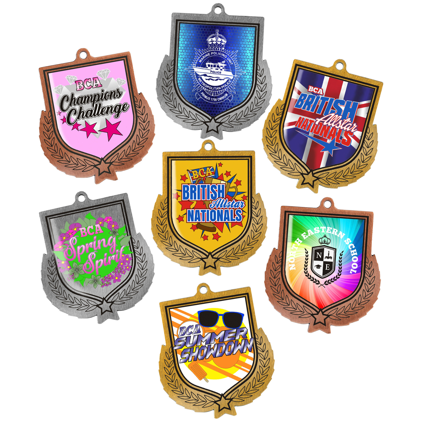 Colour Printed Antique Silver Shield Shaped Medal