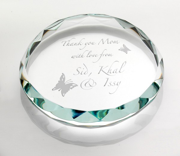 Clear Glass Round Paperweight With Faceted Edge