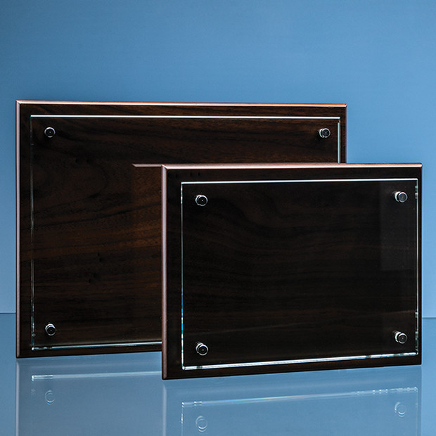 Colour Print Clear Glass Rectangle Mounted on Brown Wood Plaque