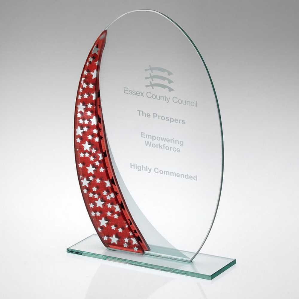 Jade Glass Oval Plaque with Red/Silver Star Design