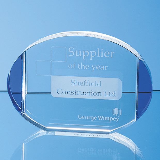 Clear & Cobalt Blue Optical Crystal Column Oval Award