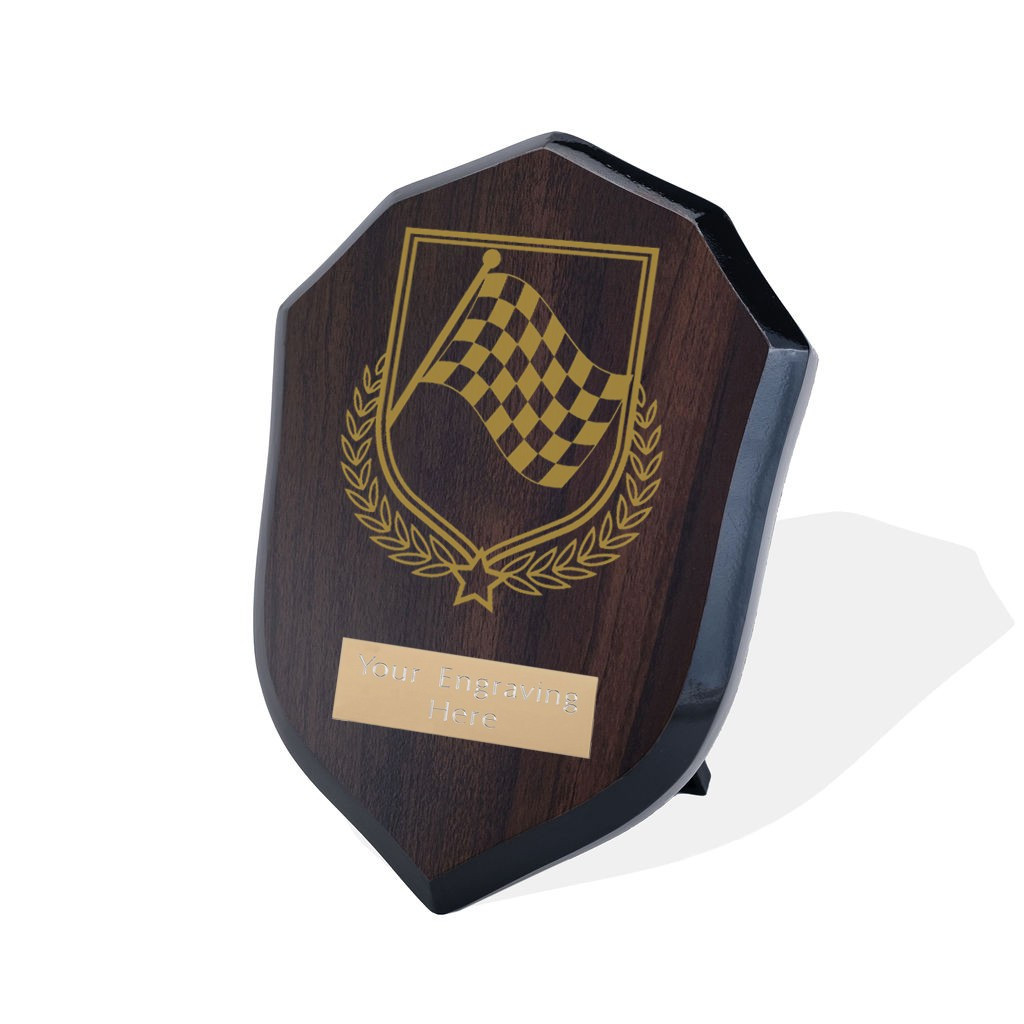 UV Colour Printed Motorsport Chequered Flag Walnut Shield