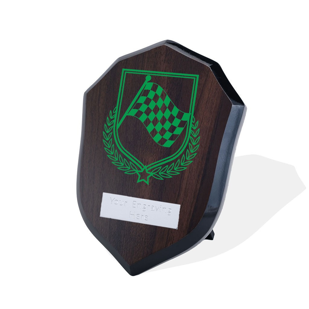 UV Colour Printed Motorsport Chequered Flag Walnut Shield