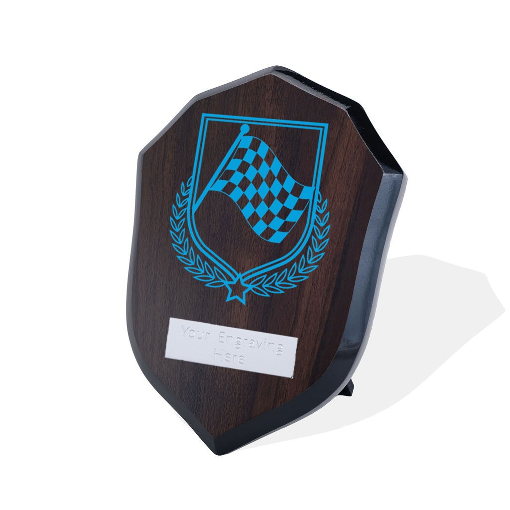 UV Colour Printed Motorsport Chequered Flag Walnut Shield