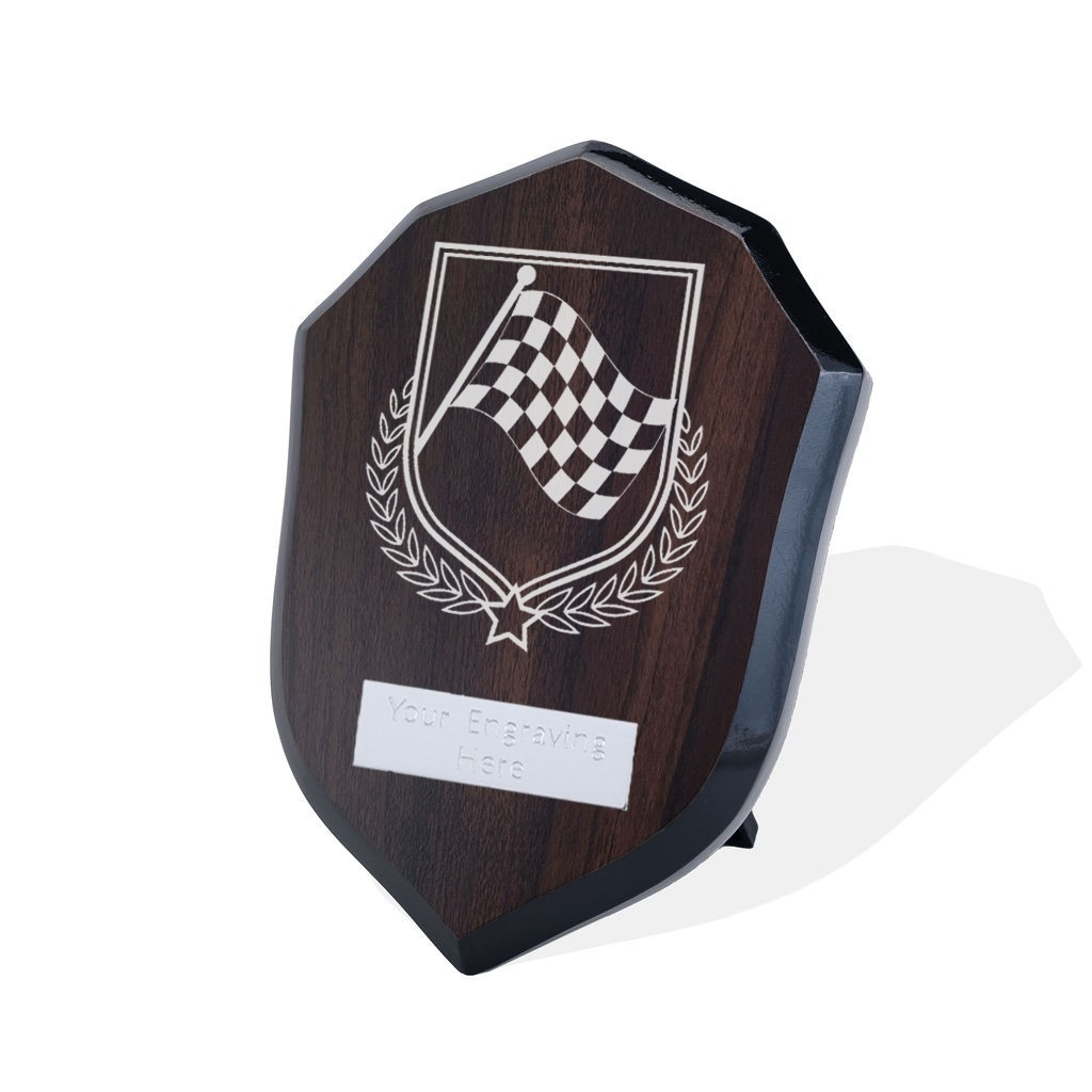UV Colour Printed Motorsport Chequered Flag Walnut Shield