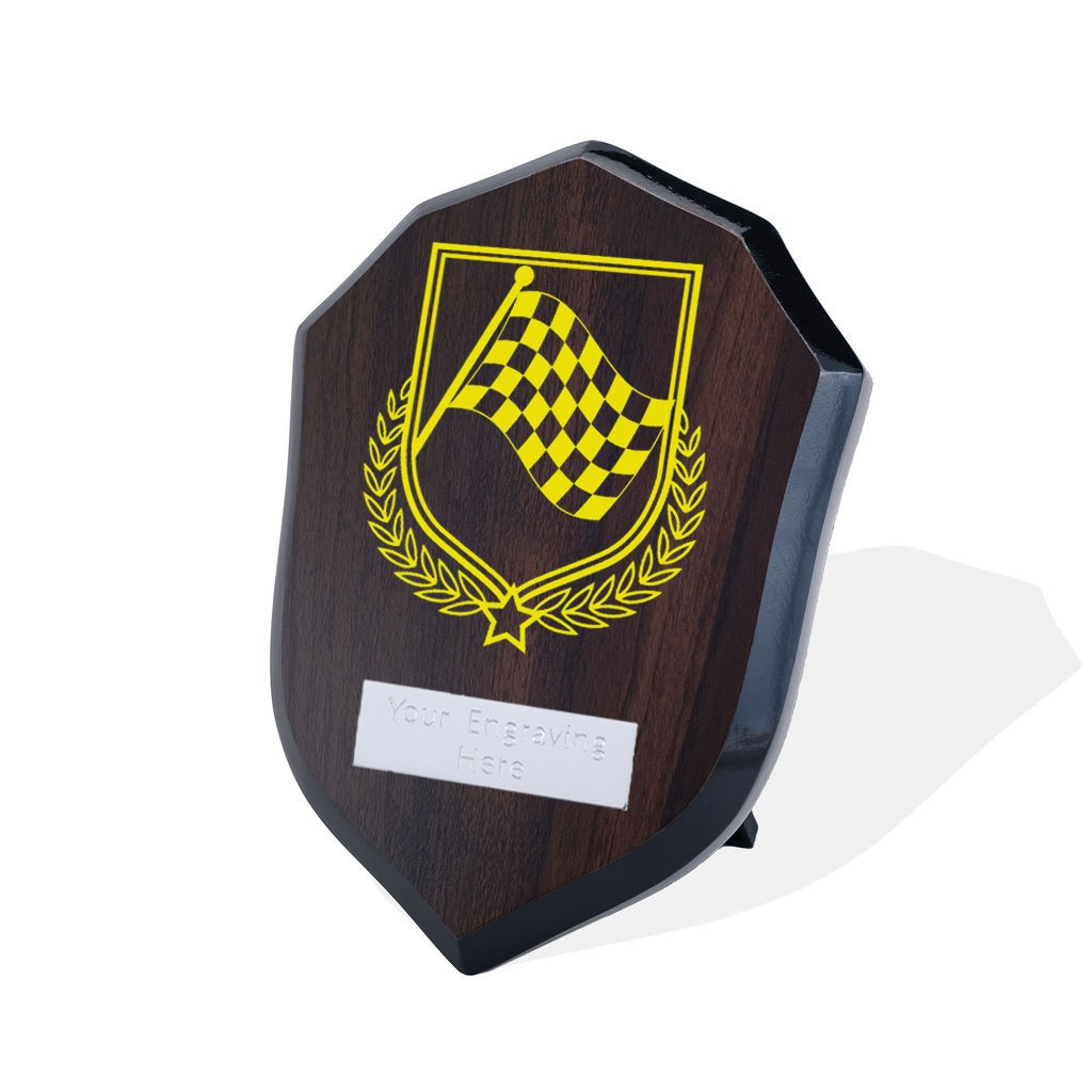 UV Colour Printed Motorsport Chequered Flag Walnut Shield