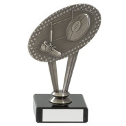 Antique Silver Metal Rugby Trophy On Marble Base