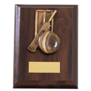 Rosewood Plaque With Cricket Bat And Ball