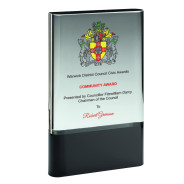 Colour Printed Clear Glass Plaque on Black Base
