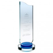 Clear Glass Plaque with Blue Collar on Round Base