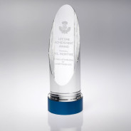 Clear Glass Round Column on Blue Metal Base