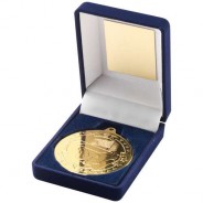 Blue Velvet Box and 50mm Medal Football Trophy