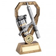 Bronze/Pewter/Gold Angling Rod And Reel On Diamond Trophy 