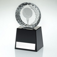 Clear Glass Golf Circle With Image On Black Plinth And Plate 