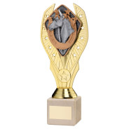 Gold Plastic Holder & Horse Disc on Cream Marble Trophy