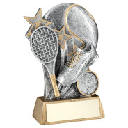 Pew/Gold Tennis Ball With Racket On Brz Base With Plate 
