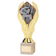 Gold Plastic Holder & Dominoes Disc on Cream Marble Trophy