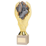 Gold Plastic Holder & Rugby Disc on Cream Marble Trophy