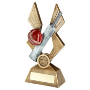 Brz/Pew/Red Cricket Ball And Bat On Pointed Backdrop  