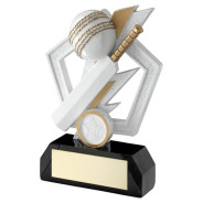 White/Gold/Black Cricket Bat And Ball On Pentagon With Plate 