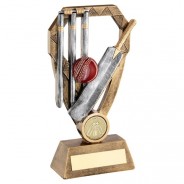 Bronze/Pewter/Gold Cricket Bat With Ball And Stumps On Diamond Trophy 