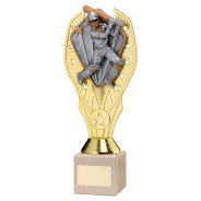 Gold Plastic Holder & Cricket Batsman Disc on Cream Marble Trophy