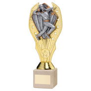 Gold Plastic Holder & Cricket Bowler Disc on Cream Marble Trophy