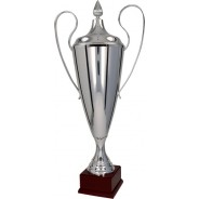 Large Silver Cup with Handles on Wooden Base