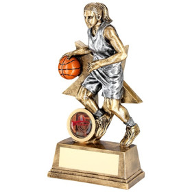 Bronze/Orange Female Basketball Figure With Star Backing Trophy